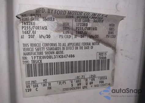 2001 Ford F-150 King Ranch Edition/Lariat/Xlt из США, поврежденный, VIN 1FTRW08L31KB47486